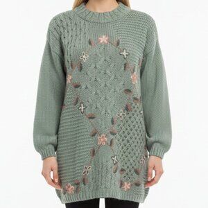 Shenanigans Vintage Hand Knit Floral Sweater Sage Green Size M Made in Korea